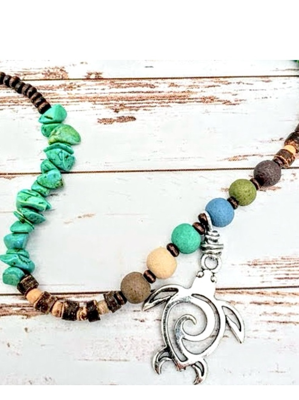 Artisan Sea Turtle Turquoise & Wood Beaded Necklace